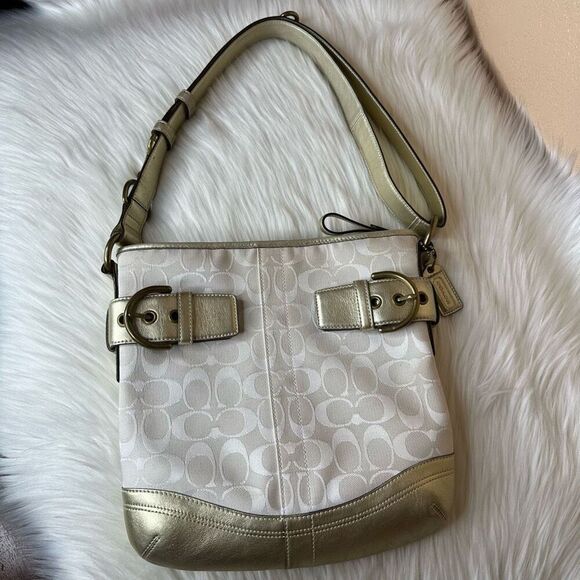 Coach Signature Hobo Shoulder Bag Cream/Off-White w/Gold Leather Trim/Accents - Picture 1 of 13